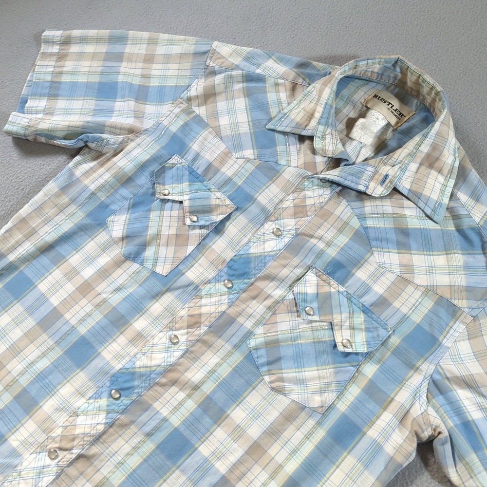 VTG Rustler Shirt Western Pearl Snap Mens Medium Blue Plaid Short Sleeve